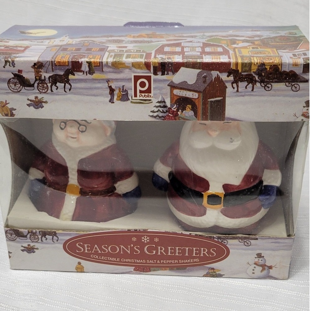 Vintage 2000 Publix Seasons Greeters Santa Mrs Claus Salt & Pepper Shakers Boxed